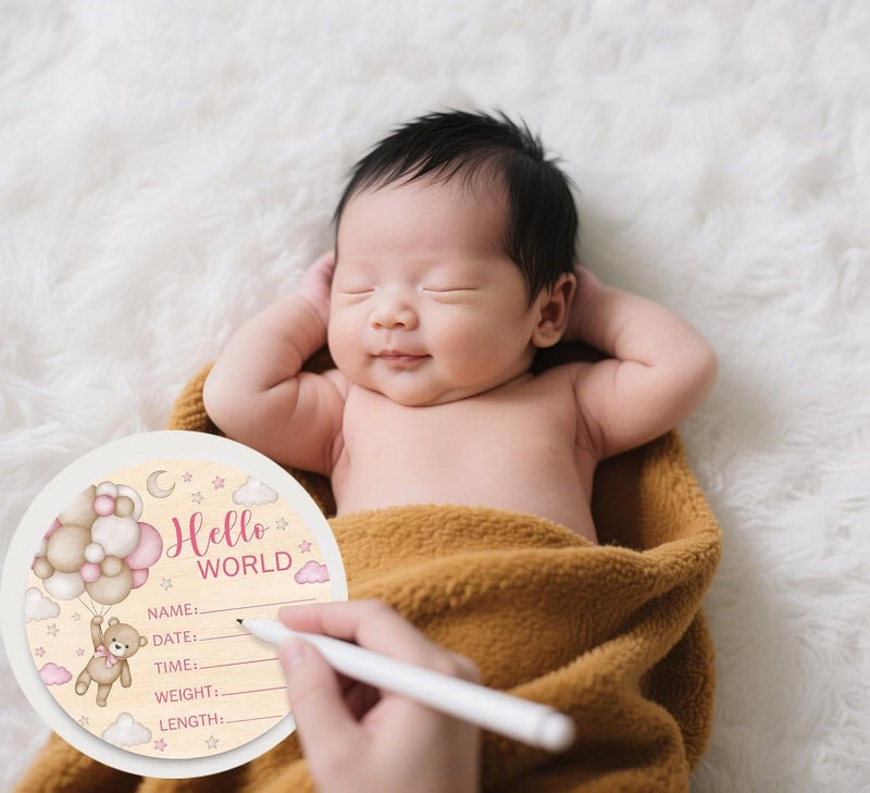 Andrain Double-Sided Wooden Newborn Birth Sign, Pink Bear Baby Announcement Sign, Girl Bear Hello World Name Sign for Hospital, Gift for New Mom Baby Shower, Photography Prop - Image 5